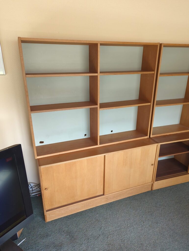 Reol af skænk og bogkasse, skydelåger, egetræ #1