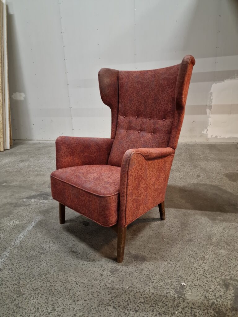 Højrygget lænestol / øreklapstol, Fritz Hansen, til ombetrækning