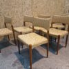 Seks spisestole, massiv teak, guld polstring, Villy Schou Andersen