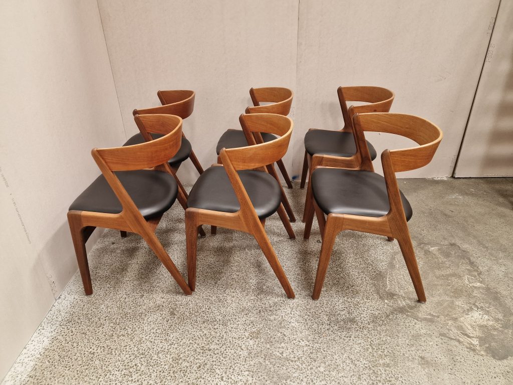 Seks spisestole i teak med buet rygstykke, Kai Kristiansen Firechair/T21, Korup stolefabrik
