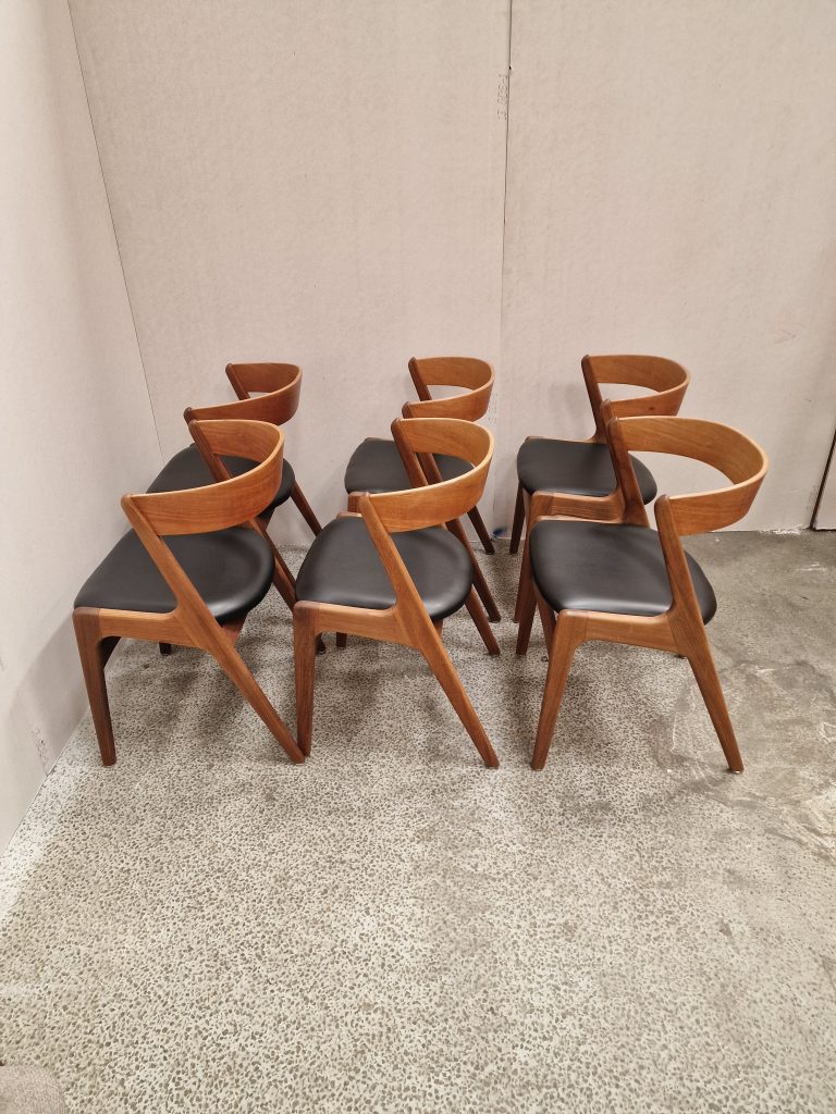 Seks spisestole i teak med buet rygstykke, Kai Kristiansen Firechair/T21, Korup stolefabrik