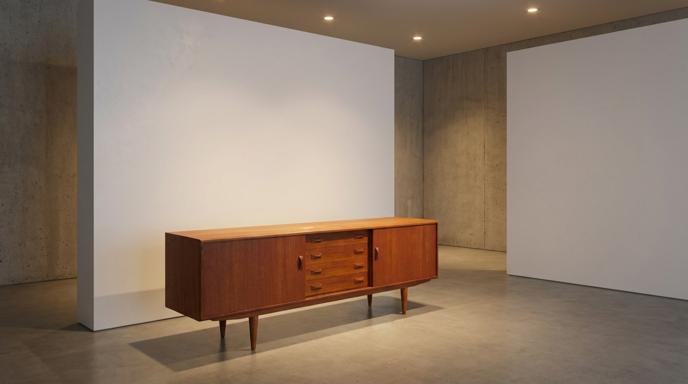 Lang lav teaktræ skænk med reoler, Clausen og Søn