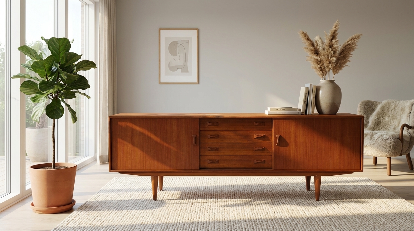 Lang lav teaktræ skænk med reoler, Clausen og Søn