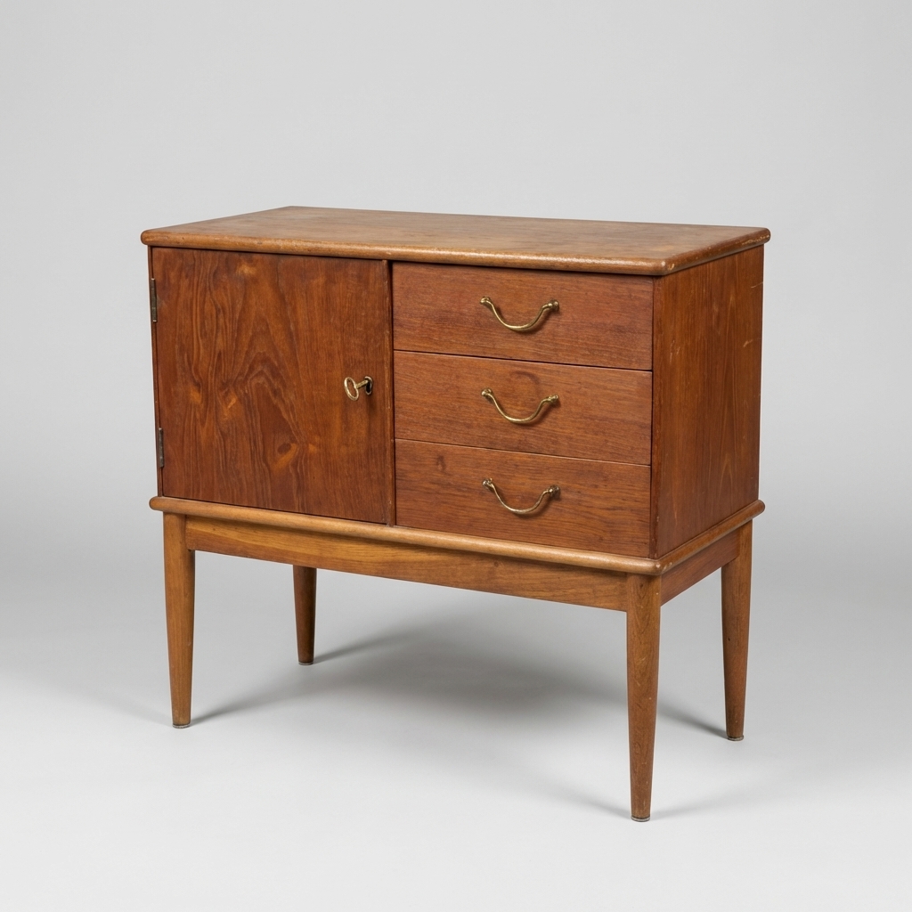 Lille entrékommode i teak og egetræ med skuffer og låge