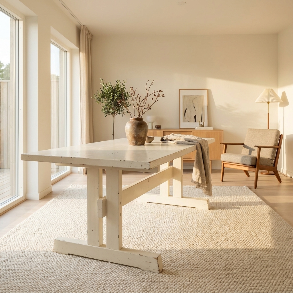 hvidmalet spisebord i massiv fyrretræ